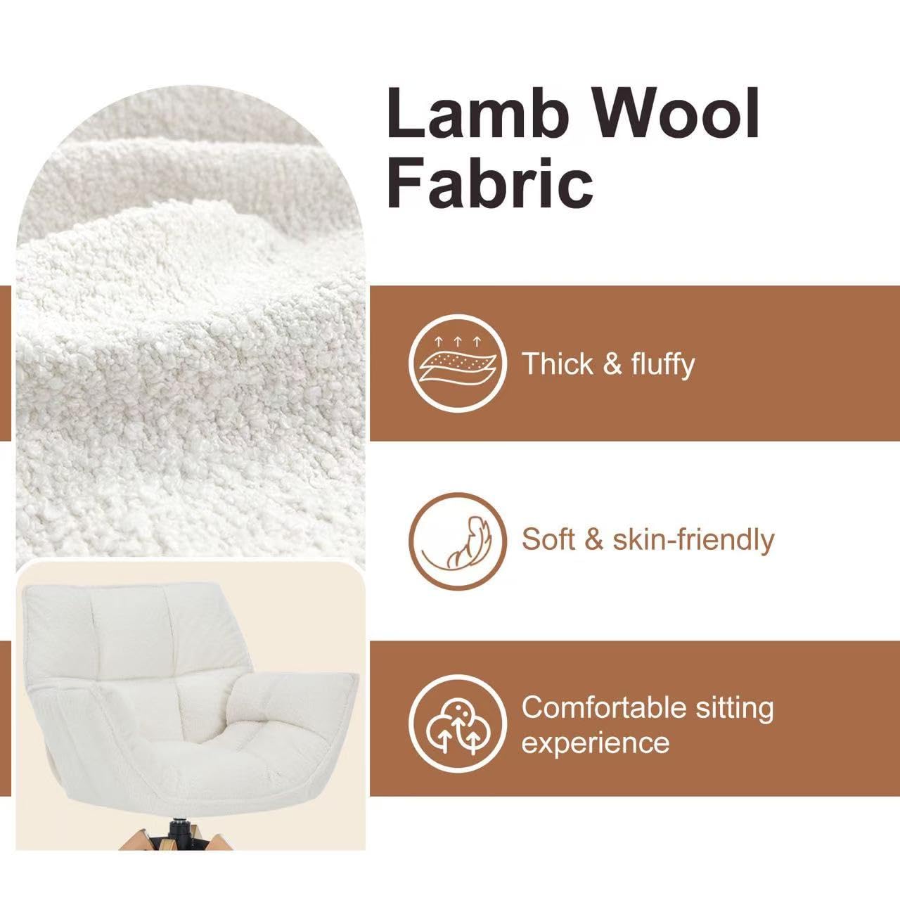Modern Lambs Wool Accent Chair with Armrest, Sherpa Vanity Desk Chair No Wheels, Mid Century Comfy Upholstered Armchair with Wood Legs for Living Room, Bedroom, Makeup Room, Off-White