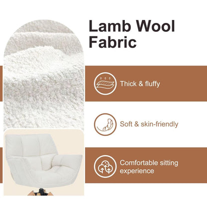 Modern Lambs Wool Accent Chair with Armrest, Sherpa Vanity Desk Chair No Wheels, Mid Century Comfy Upholstered Armchair with Wood Legs for Living Room, Bedroom, Makeup Room, Off-White
