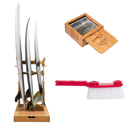 Living in Sunshine LISS Bundle with The Vertical Surfboard Spirit Rack 3-Board, Wax Box and Clean Fin (Surfboard Fin Removal and Installation Tool, Sand Brush Remover)