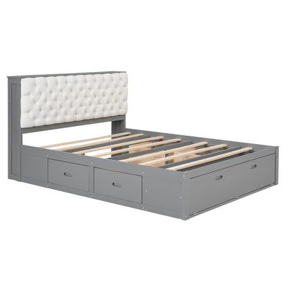 Merax Queen Size Bed Frame with Upholstered Storage Headboard, Rustic Wood Platform Bed with Four Drawers and Shoe Rack, Sturdy Wooden Slats Support, No Box Spring Needed, Easy Assembly, Gray