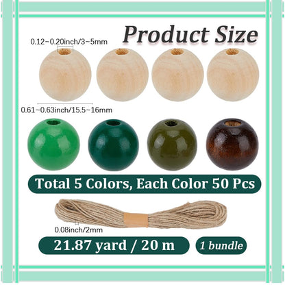 PONABEADIY 1 Box 250pcs 16mm 5 Colors Round Wooden Beads with Jute Twines Spray Painted Natural Ball Macrame Dyed Schima Wooden Loose Bead Bulk for Jewelry Making Necklaces Bracelets DIY Craft Supply