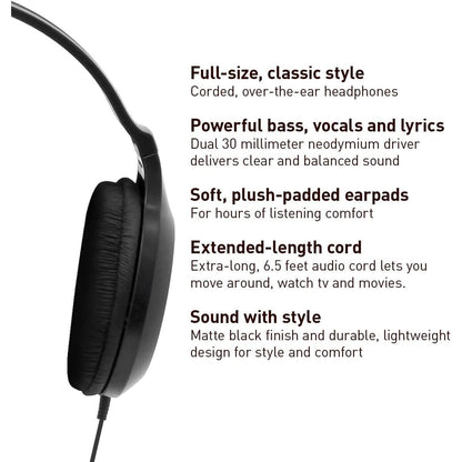 Panasonic Headphones, Lightweight Over the Ear Wired Headphones with Clear Sound and XBS for Extra Bass, Long Cord, 3.5mm Jack for Phones and Laptops – RP-HT161-K (Black)
