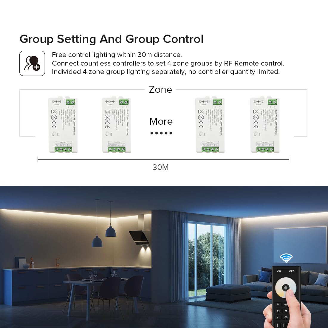 BTF-LIGHTING 5050SMD FCOB COB Dimming RF 2.4GHz Wireless Remote RC01RFB &4PCS C01RF Tuya Controller Kit 4 Zones Group Control PWM Single Color (+V -V) 2pin LED Neon Rope Light DC5V DC12V DC24V