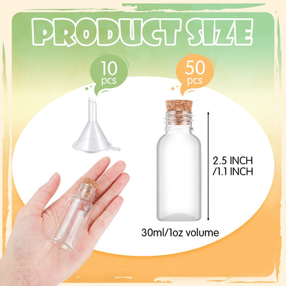 Sabary 50 Packs 1 oz Plastic Sand Art Bottles with Cork Stoppers Mini Vial Potion Bottles Perfume Cork Jar with Mini Funnels for Filling Jar for DIY Craft, Essential Oil, Message, Party Favor