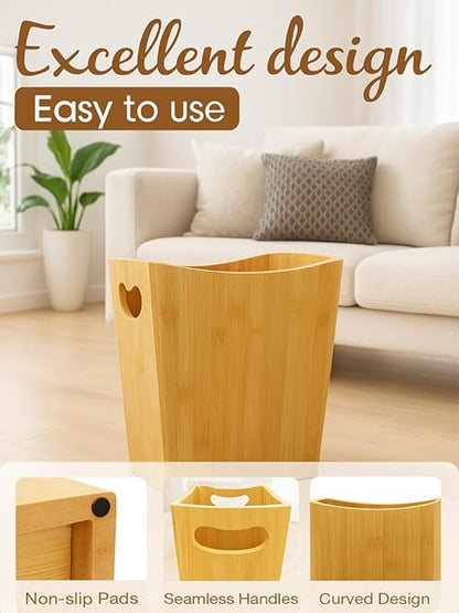 Wood Trash Can - Bedroom Trash Can Decorative with Handles - Bamboo Small Wastebaskets for Bathroom - 2 Gallon Rectangular Waste Basket for Office, Living Room, Kitchen Under Counter