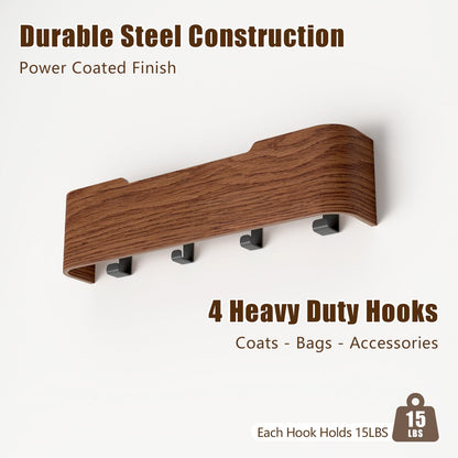 Nevsokio Coat Rack Wall Mount with Hidden Hooks, Wall Hooks with Shelf, Wall Key Holder Mount Wooden Shelf Entryway Hooks for Bedroom Bathroom for Hanging Coats Hats Bags Towels (Walnut, 4 Hooks)