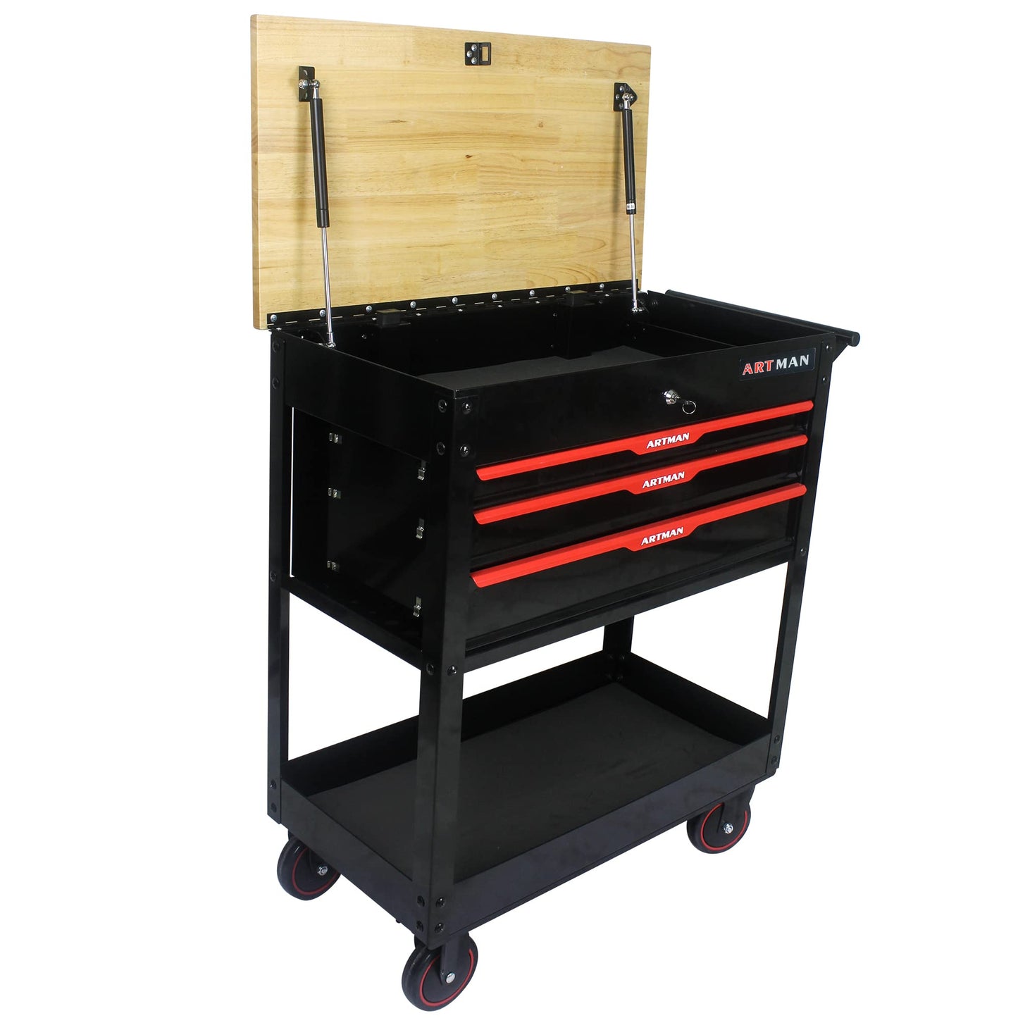 KEIKI 3-Drawer Rolling Tool Cart with Lift-Up Wooden Top, Utility Tool Box, Multi-Functional Tool Storage Organizer Cabinet for Garage, Warehouse, Workshop, Repair Shop, Black