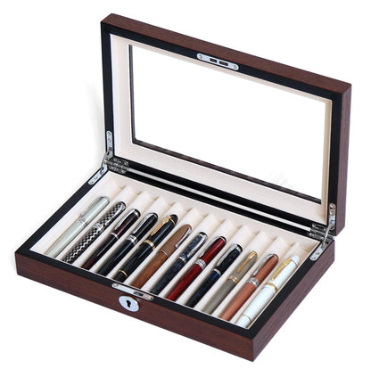 Besforu 12-Slot Fountain Pen Collector Case – Lockable Wooden Organizer with Glass Display Top, Premium Storage Box for Writing Instruments and Gift for Men