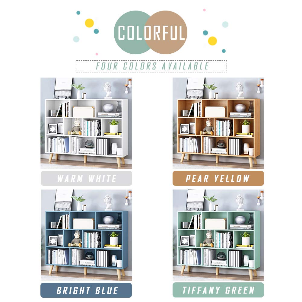 IOTXY Wooden Open Shelf Bookcase - 3-Tier Floor Standing Display Cabinet Rack with Legs, 10 Cubes Bookshelf, Pear Yellow