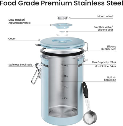 Veken Coffee Canister, 39OZ Large, Airtight Stainless Steel Food Storage Container for 2.2lbs Coffee Beans, Ground, Sugar, Tea, Cookie, Flour, Kitchen Bar Accessories with Date Tracker & Scoop, Blue