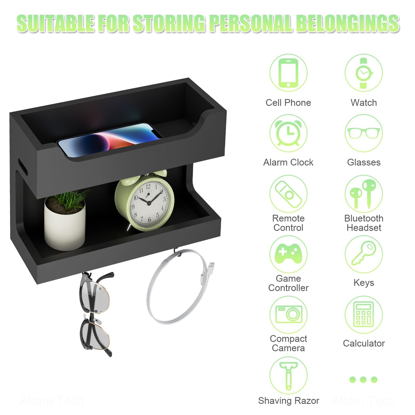 NiHome Wall Mounted Wooden Bedside Accessories Organizer, Double Tray Bedside Storage Shelf Rack with Magnetic Hooks, Bedroom Dorm RV Wall Caddy Holder for Phone Glasses Alarm Clock Remote (Black)