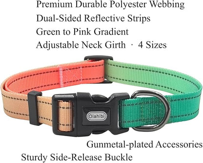 Dog Collar Leash Set, Gradient Color, with Safety Reflective Strips, 5 ft Matching Leash, Neoprene Padded Handle, Adjustable 4 Sizes for Small Medium Large Dogs.(S, Green Orange)