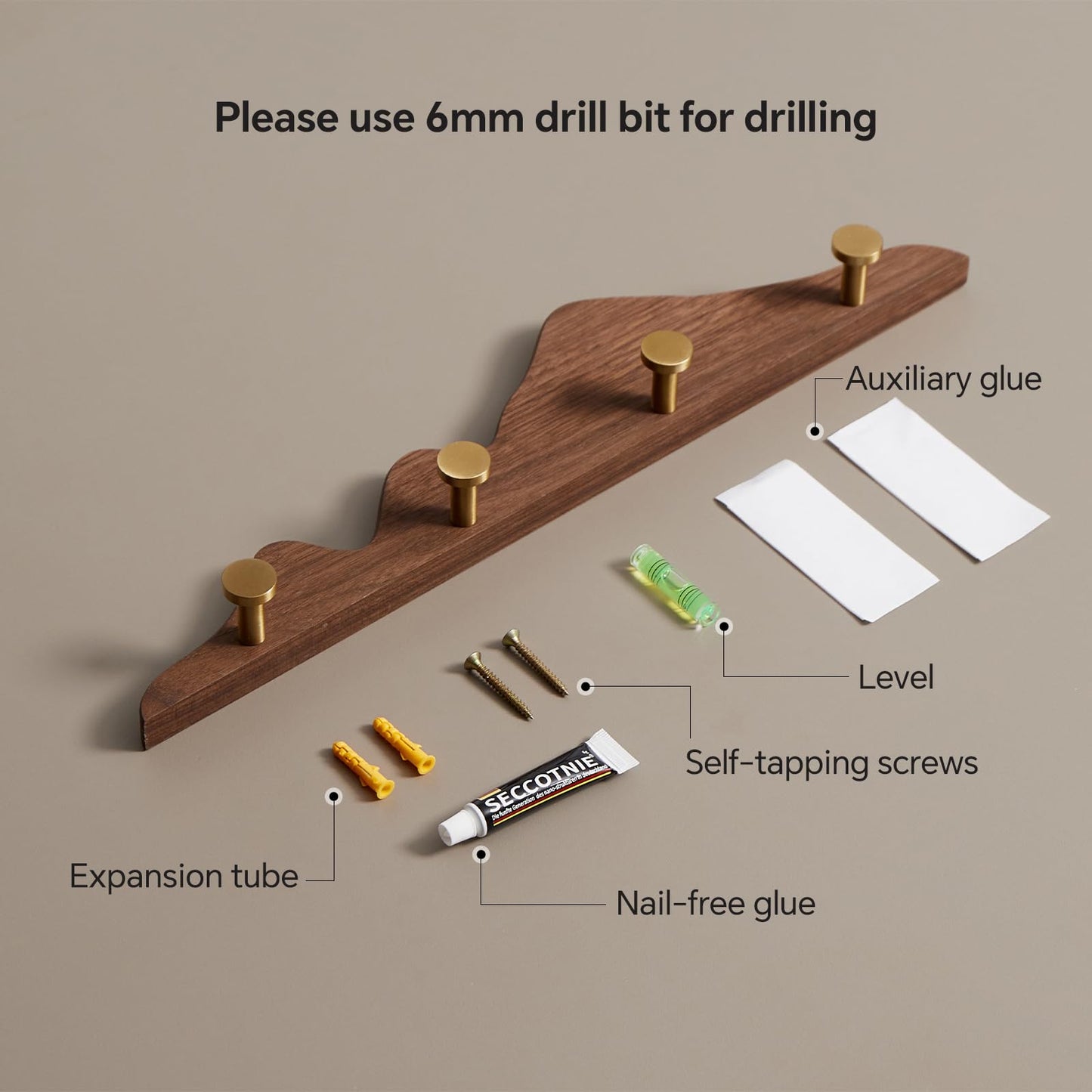 THFLSTR Elegant Wall Coat Rack with Hooks Walnut Wood Solid Coat Hanger Wall Mount with 4 Brass Hooks, Moisture-Resistant Wax Oil Finish for Home(Walnut, 4 Hooks)