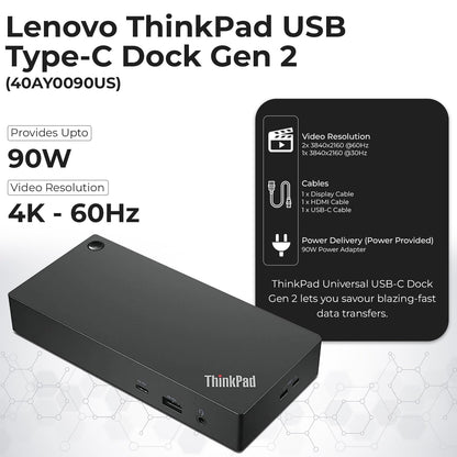 40AY0090US Lenovo Thinkpad Docking Station Dual Monitor - Supports 4K Display, Thinkpad Dock with 90W Adapter, HDMI, DisplayPort, USB C Cables & Cloth - Lenovo Docking Station
