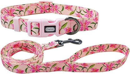 Dog Collar Leash Set, Floral Pattern, Polyester Material, Adjustable Collar and 5ft Matchcing Leash, for Puppy Dogs.(XS, Pink Lily)