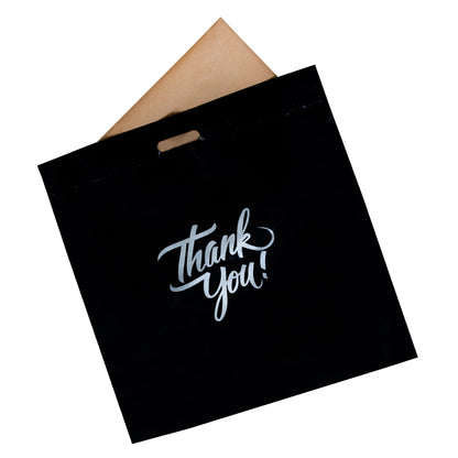 Infinite Pack Black 12"x15" (100pcs) Thank You plastic Merchandise Bags Die-Cut Handles, Perfect for Retail Shopping, Boutiques, Goodie bags, and Gift Packaging & Favors, 1.75 mil Reusable Plastic Bag