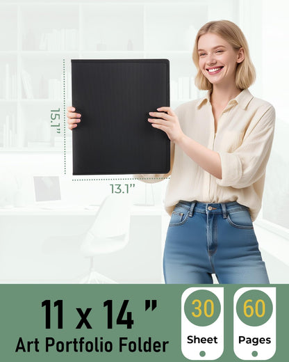 Nicpro 11x14 Art Portfolio Folder, 30 Pockets Display 60 Pages Art Painting Portfolio Binder with Clear Plastic Sleeves, Presentation Storage Book for Artists Artwork Drawing - (Black)