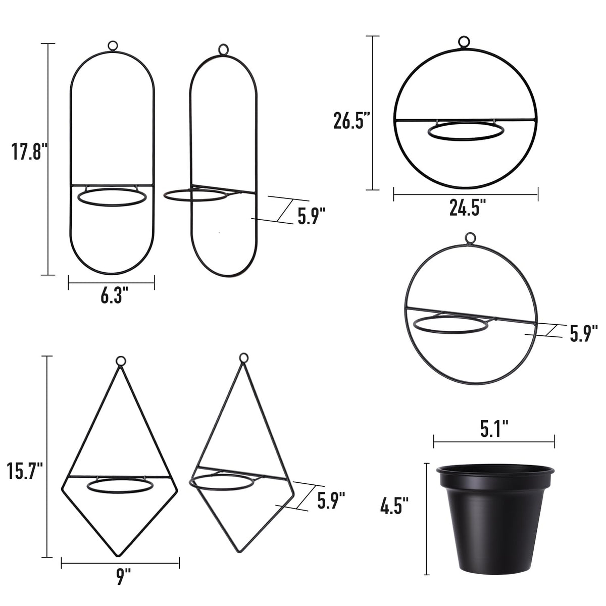 HemePaha Geometric Wall Planters for Indoor Plants Set of 3 Black Metal Wall Mounted Plant Holder (Diamond & Oval & Round Shapes) with 5 Inch Flower Pots, Modern Hanging Planters for Indoor Decor