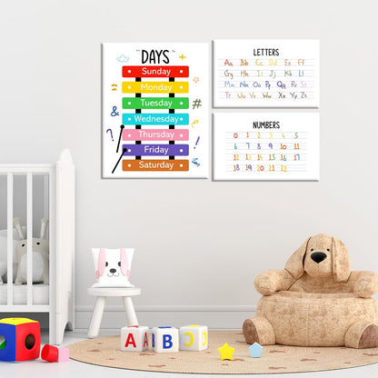 Colourful Alphabet Educational Wall Decor,Abc Chart Number Chart Educational Wall Art Canvas Frame Poster Print for Classroom Homeschool Nursery Wall Decor Set of 6