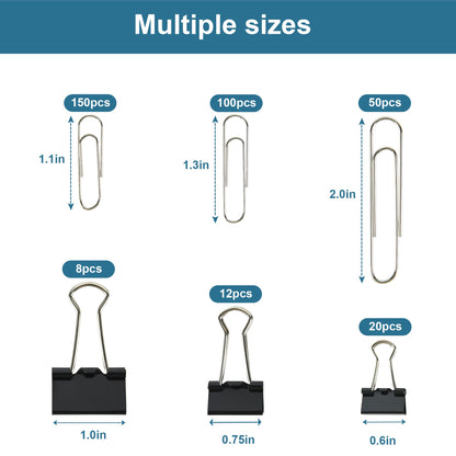 Assorted Size Binder Clips & Jumbo Paper Clips Set - 340pcs Black, Large for Office & School Supplies, in Container with Compartments