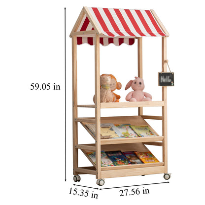 HaoGZMZFCL 3 Tier Wood Storage Rack with Lockable Casters for Easy Movement for Living Room Bed Room Wooden Storage Shelf Bookshelf Coat Rack for Books Toys Clothes, a Rod (Red & White roof)