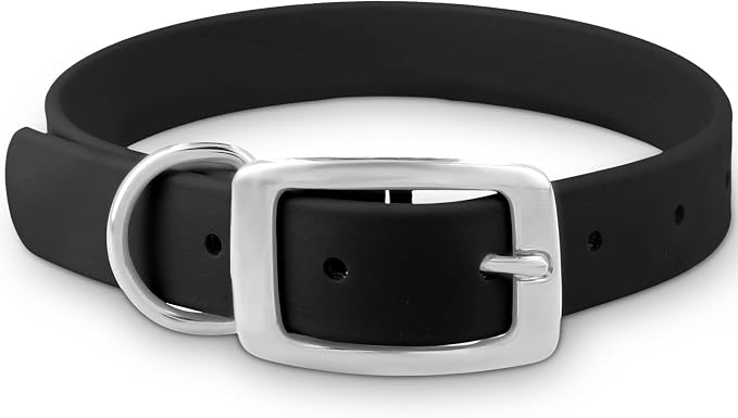 Regal Dog Products Medium Black Dog Collar with Heavy Duty Double Buckle & D Ring | Vinyl Coated, Custom Fit, Adjustable Biothane Dog Collar | Chew Resistant Waterproof Collar for Dogs