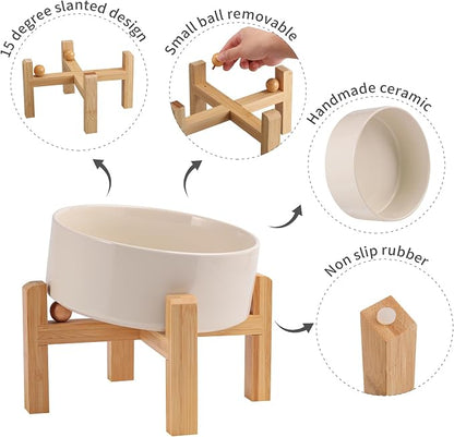 Elevated/Raised 15°Tilted Anti Slip Ceramic Dog Bowl for Small/Medium Breeds,Slanted Bulldog Big Face Pet Food Water Feeding Dish with Stand for Cats and Dogs (3.6 Cups/28 OZ) Beige