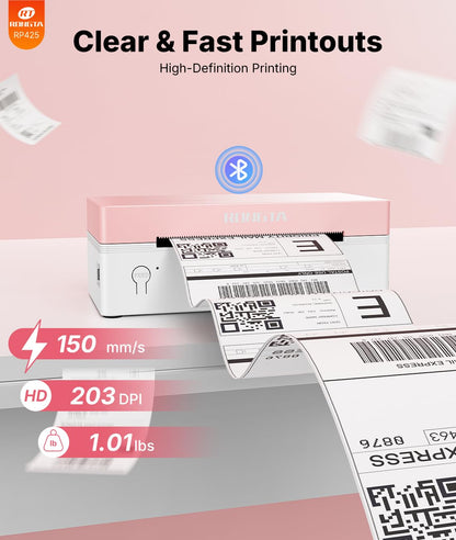 Rongta 4x6 Bluetooth Thermal Label Printer, Wireless Shipping Label Printers for Shipping Packages Small Business Office or Home, Compatible with iPhone Android iPad macOS Windows, Pink