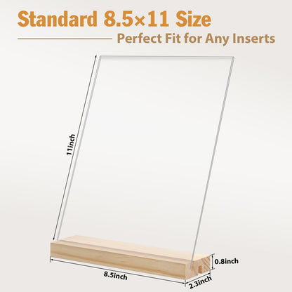 xydstay 6pack 8.5x11 Acrylic Sign Holder with Wood Base for Picture Frames,L/T Shape Double Slot Design for Vertical or Slant Back Display, for Restaurant, Office, School, Store and Home Use