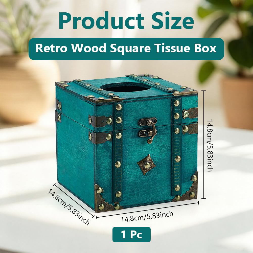 INFUNLY Retro Wood Square Tissue Box 5.8x5.8x5.8 inch Turquoise Napkin Holder Vintage Cube Tissue Box Holder Green Wood Square Tissue Container Cover for Toilet Tank Bathroom Living Room Office Desk