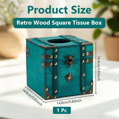 INFUNLY Retro Wood Square Tissue Box 5.8x5.8x5.8 inch Turquoise Napkin Holder Vintage Cube Tissue Box Holder Green Wood Square Tissue Container Cover for Toilet Tank Bathroom Living Room Office Desk