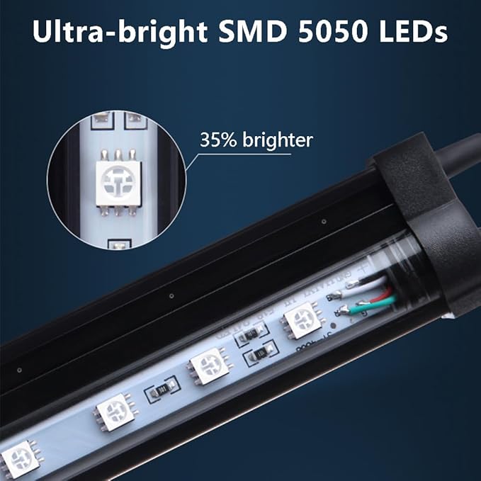 19 inches LED Aquarium Light, 10W Fish Tank Light Underwater Light Submersible Crystal Glass Lights, 9.2ft/2.8m Long Wire Length, White