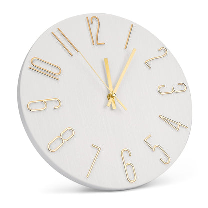 bakbrand Wall Clock 12 Inch Silent Non-Ticking Imitation Wood Indoor Clock Round White Decor Clock Modern 3D Figures Quartz Wall Clocks for Home, Hotel, Office, School, Bedroom, Living Room, Kitchen