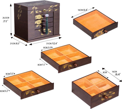 Xloverise Wooden Jewelry Box for Women, 5-Layer Large Wood Jewelry Boxes & Organizer with Drawers for Rings Necklaces,Hand-painted rose flowers jewelry case organizer,jewelry safe