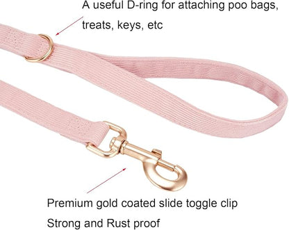 Soft Corduroy Dog Collar and Leash Set Adjustable Durable Dog Collars with Metal Buckle and Lead for Female Large Dogs,Baby Pink