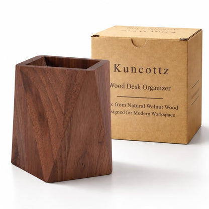 Kuncottz Black Walnut Wood Pen Holder for Desk, Modern Wooden Pencil Cup Organizer for Office Supplies, Luxury Desk Accessories for Home Office Decor