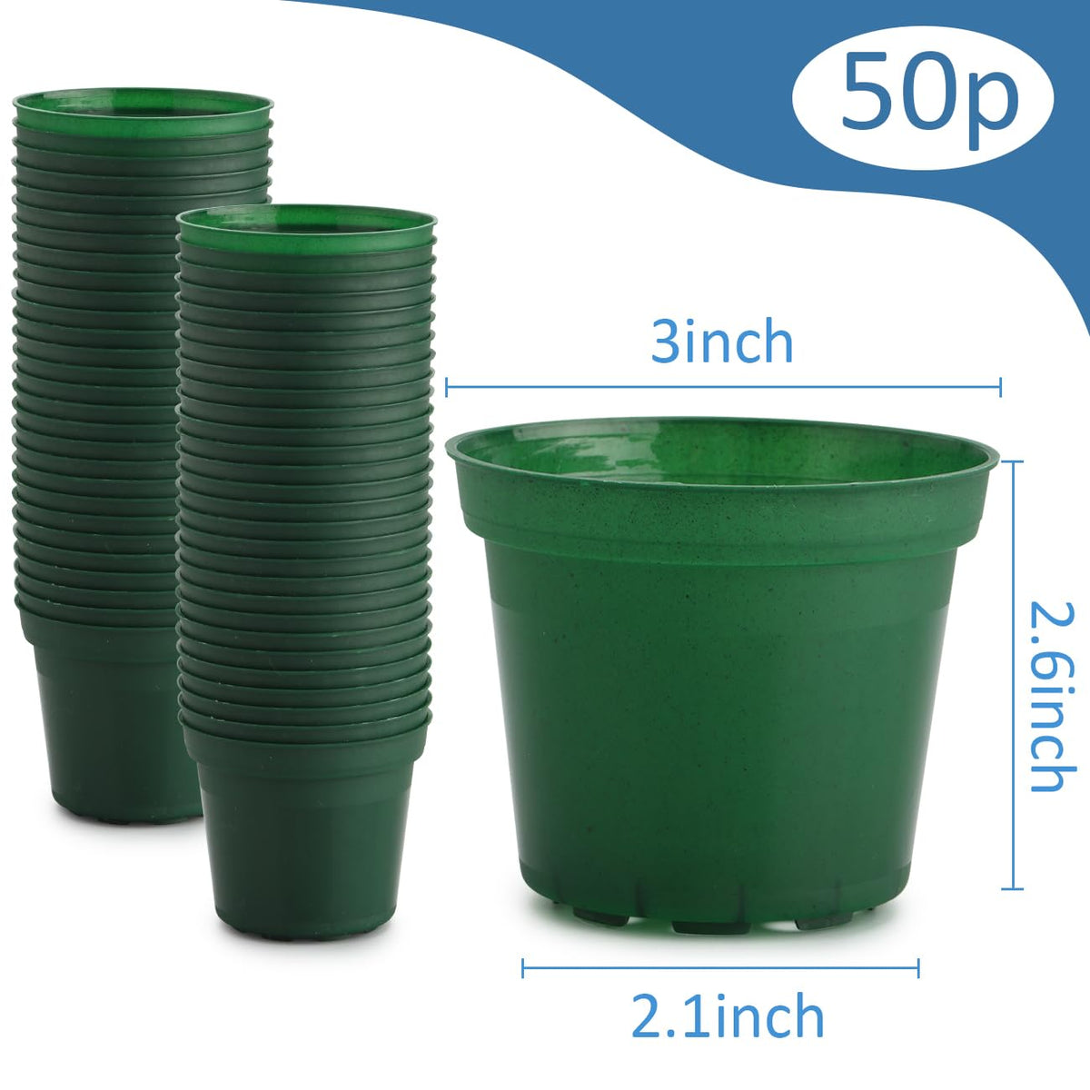 RooTrimmer 3 Inch Plastic Nursery Pot with Drainage, Raised Base - Green Flexible Planters for Seedlings, 50 Pack, Durable & Lightweight for Indoor/Outdoor Gardening