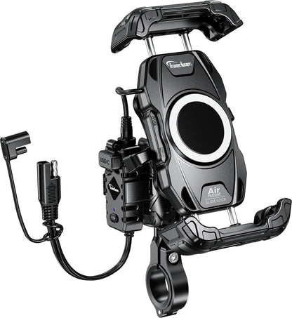 Kaedear Motorcycle Smartphone Holder, Air Mount Vibration Absorption, QI & USB Charging, Fast Wireless Charging, IP66 Waterproof, Quick Release, Locking System, Air Mount, Slide Lock KDR-M28A