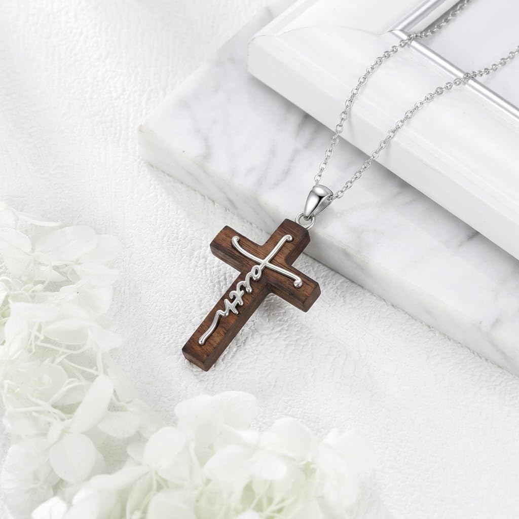 VNRIOW 925 Sterling Silver Faith Wooden Cross Necklace, Christian Religious Jewelry Gift for Women Men, 18 to 20 Inches Chain