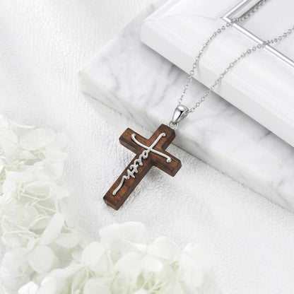 VNRIOW 925 Sterling Silver Faith Wooden Cross Necklace, Christian Religious Jewelry Gift for Women Men, 18 to 20 Inches Chain