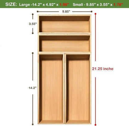 guiogc Bamboo Drawer Silverware Organizer, Set of 4 | Flatware Organizer, Large 14.2"x5"x2", Small 9.85"x3.55"x1.78", For Office, Bathroom Storage