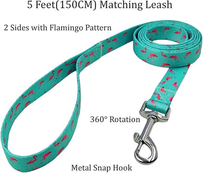 Dog Collar Leash Set, Flamingo Pattern, Polyester Material, Adjustable Collar and 5ft Matching Leash, for Small Dogs.(S, Green Flamingo)