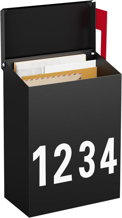 LAND·VOI Wall-Mount Mailbox with One Flag Kit and Three Sets of 0-9 Mailbox Number Stickers, Mailboxes for Outside, Galvanized Steel Rust-Proof Metal Post Box, 3.9" D x 7.1" W x 10.24" H Black AMB05B