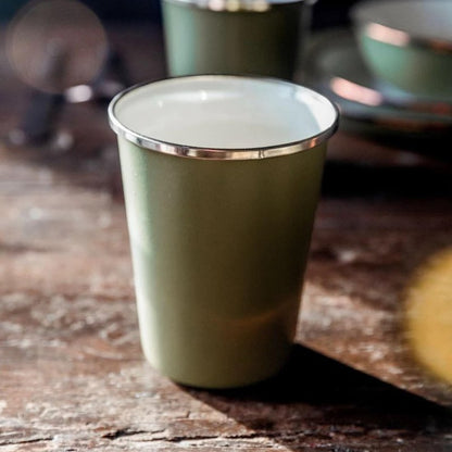 Barebones 2-Tone Enamel Cup Set - Set of 2, 14 oz Mugs - Enamelware Mugs - Durable Kitchen or Camping Mug Set (Olive Drab)