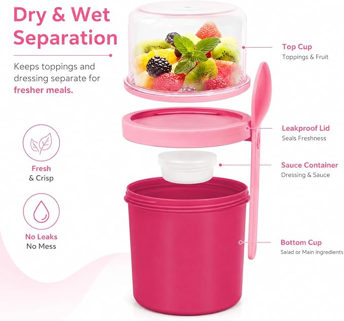 27oz Reusable Yogurt Parfait & Overnight Oats Cups – 100% Leakproof with Lid & Spoon for Meal Prep, Breakfast, Office & Gym (Pink)