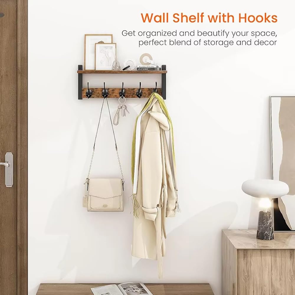 Morphesa Wall Mounted Coat Rack with Shelf, Wooden Entryway Shelf with 5 Metal Hooks, Rustic Wall Coat Rack for Jackets, Hats, Bags & Keys