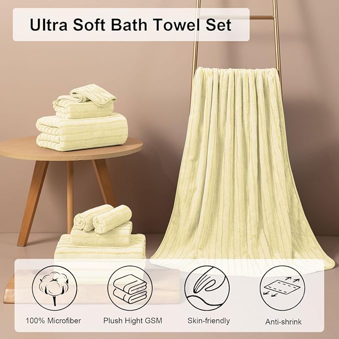 8 Pcs Light Yellow Cabana Stripe Bath Towel Set Oversize Bath Sheet-2 Bathroom