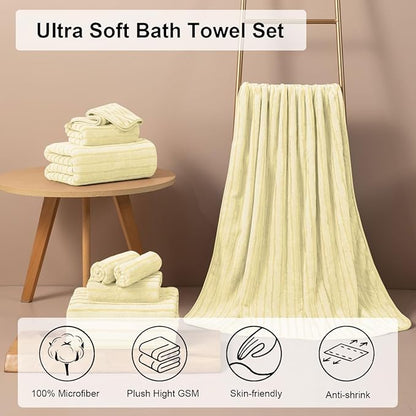 8 Pcs Light Yellow Cabana Stripe Bath Towel Set Oversize Bath Sheet-2 Bathroom