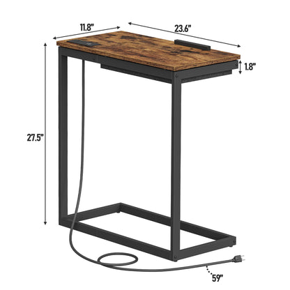 TUTOTAK C Shaped End Table with Charging Station, Tilting Laptop Stand Side Table, Under Couch Table for Living Room Bedroom, Brown TB01BB090
