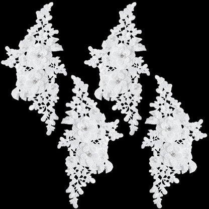 CABODYALS 4Pcs Beaded Lace Appliques White Pearl 3D Flower Crystal Applique Polyester Embroidery Floral Rhinestone Sew on Patches for Sewing Making Dresses Clothes Wedding Gown Headpiece DIY Supply